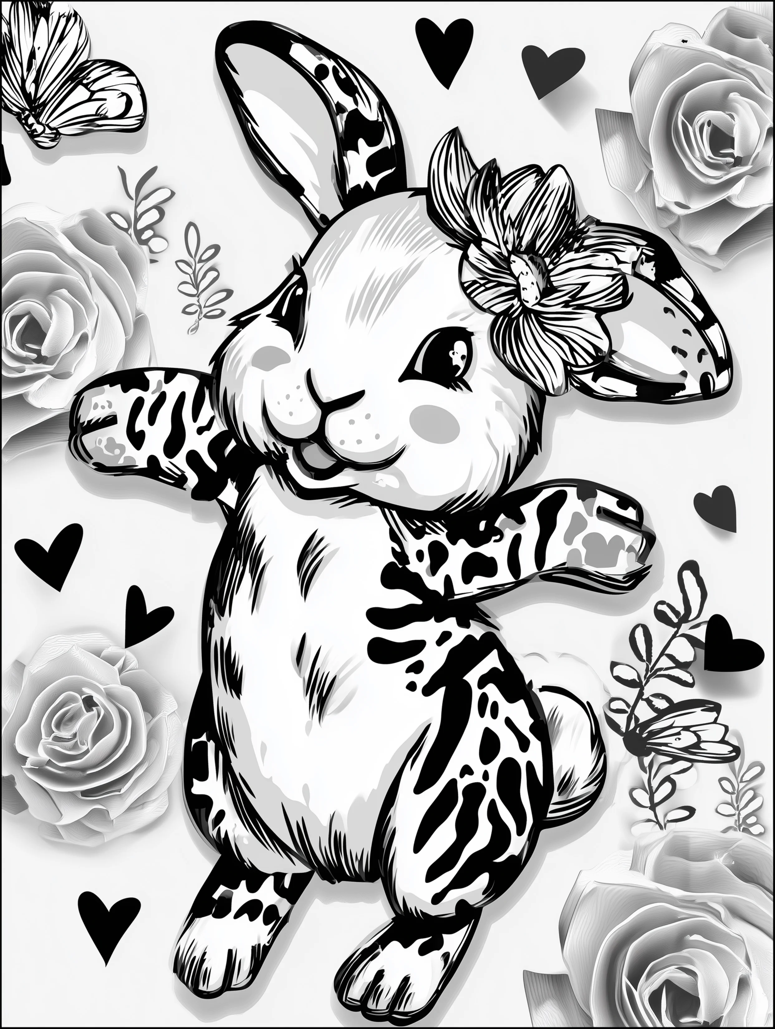 Free printable rabbit coloring page for adults featuring a bunny with hearts